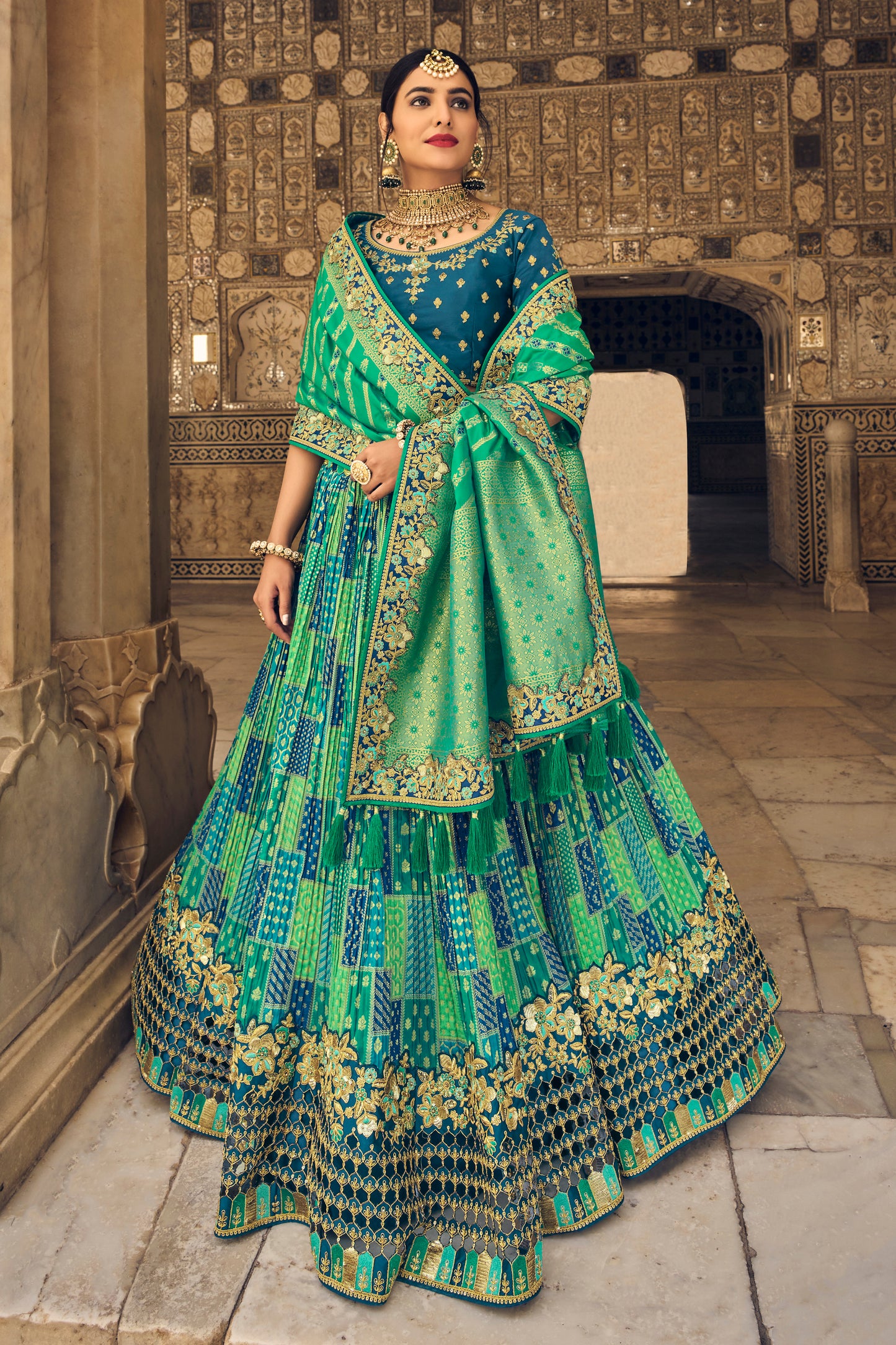 Pretty Green Crushed Silk Lahenga Skirt with Embellished Blouse & Dupatta.