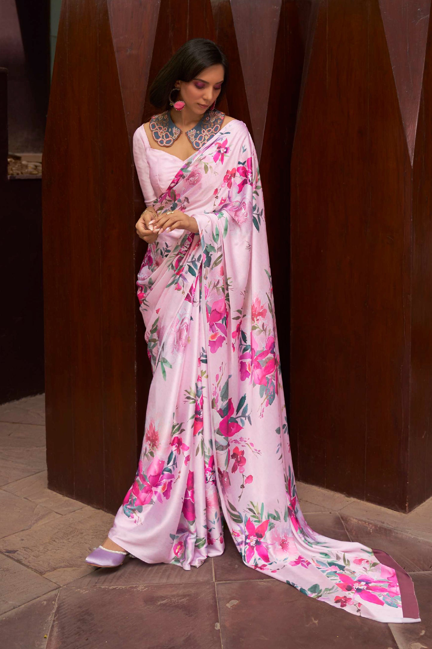 Baby Pink Floral 3D Printed Pure Satin Silk Saree for Weddings