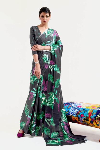 Black with Green  Designer Pure Satin Silk Saree with Blouse