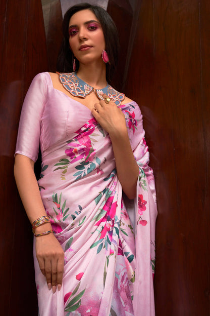 Baby Pink Floral 3D Printed Pure Satin Silk Saree for Weddings