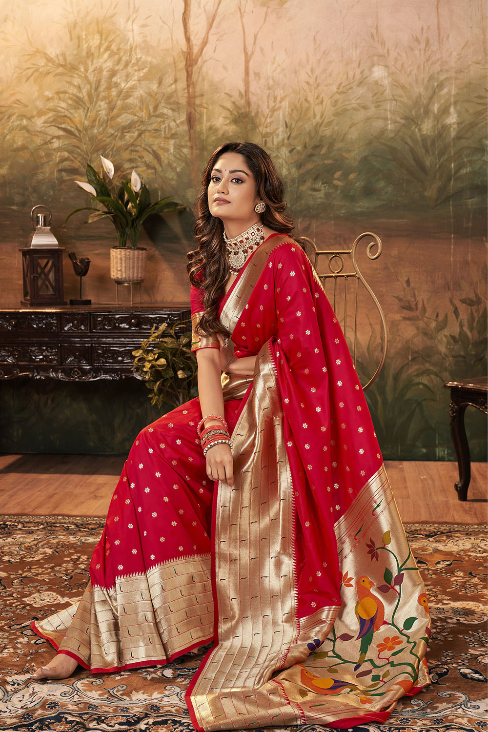 Cherry Red Banarasi Paithani Saree with Parrot Pallu and Broad Zari Border