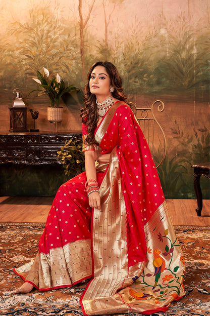 Cherry Red Banarasi Paithani Saree with Parrot Pallu and Broad Zari Border