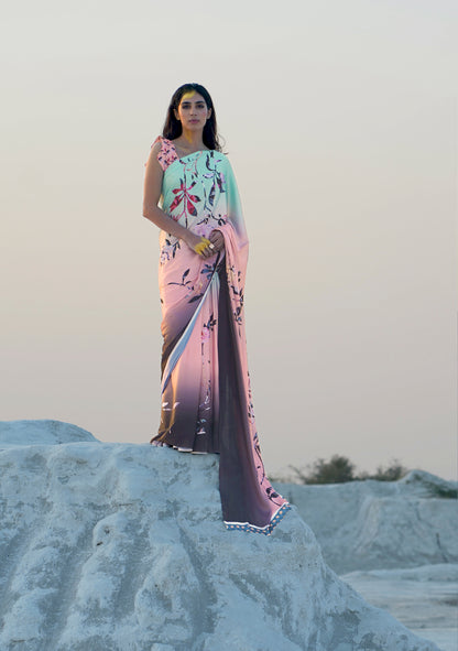 Peach Blue Ombre Digital Printed Satin Silk Saree