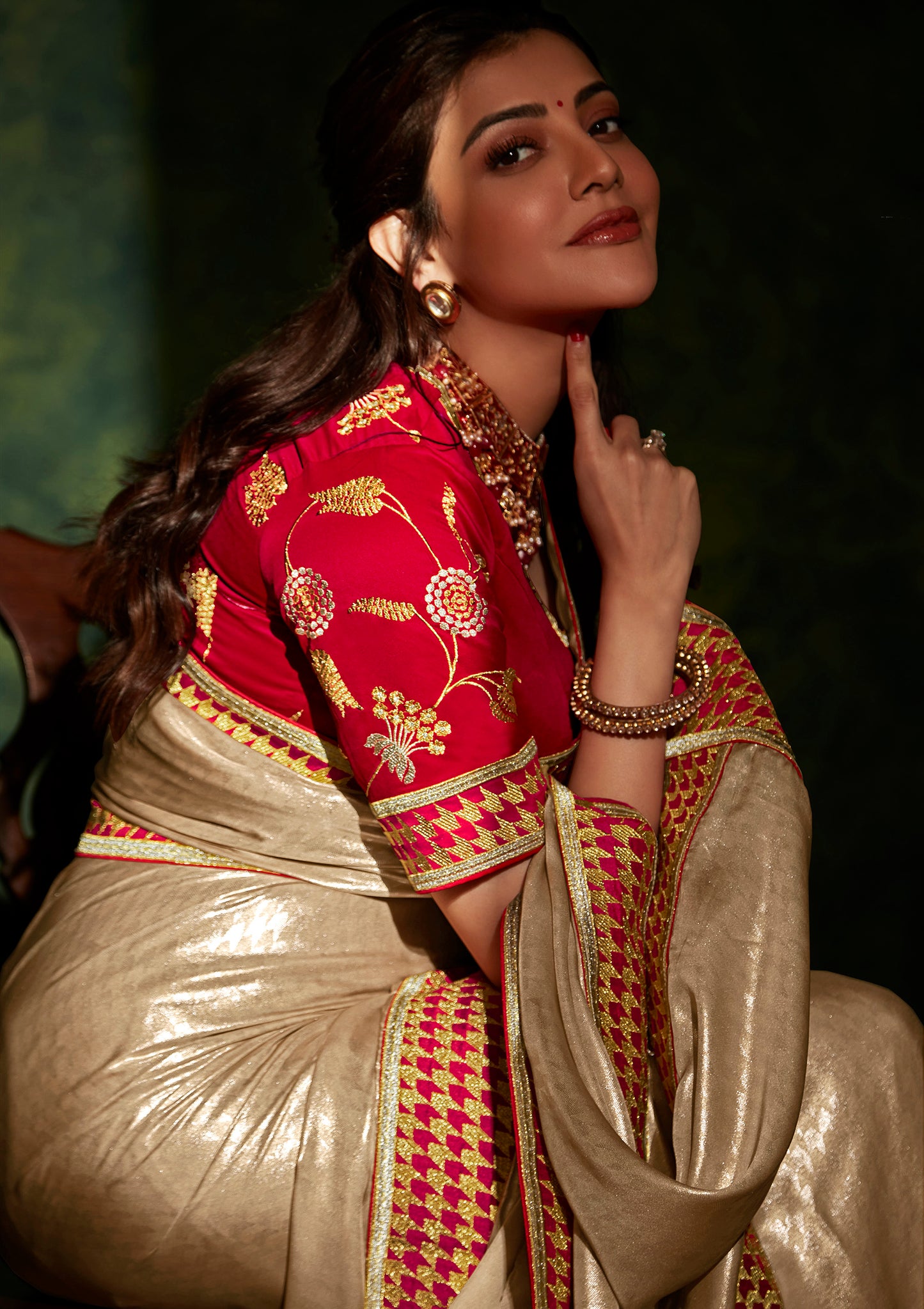 Sepia Brown Soft Metallic Organza Saree with Red Embroidered Blouse