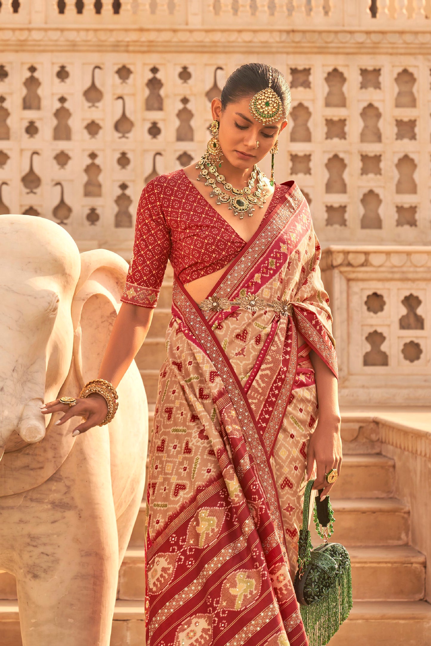 Light Beige Woven Patola Designer Saree with Elephant Border