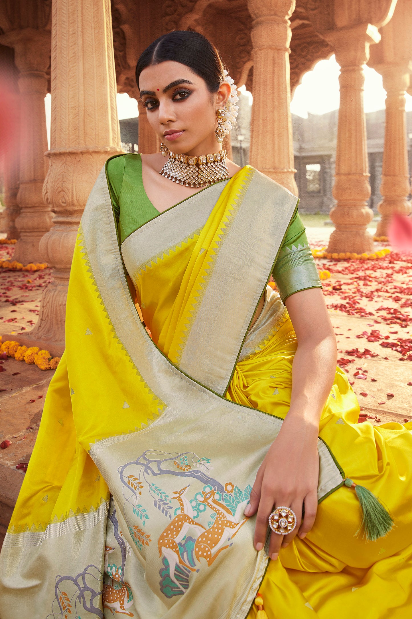 Sunflower Yellow Designer Paithani Saree with Unique Pallu