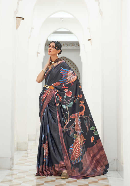 Black 3D Printed Designer Big Birds Saree with Blouse