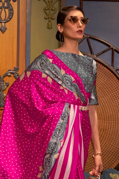 Pink Polka Dot Designer 3d Printed Soft Satin Silk Saree with Blouse