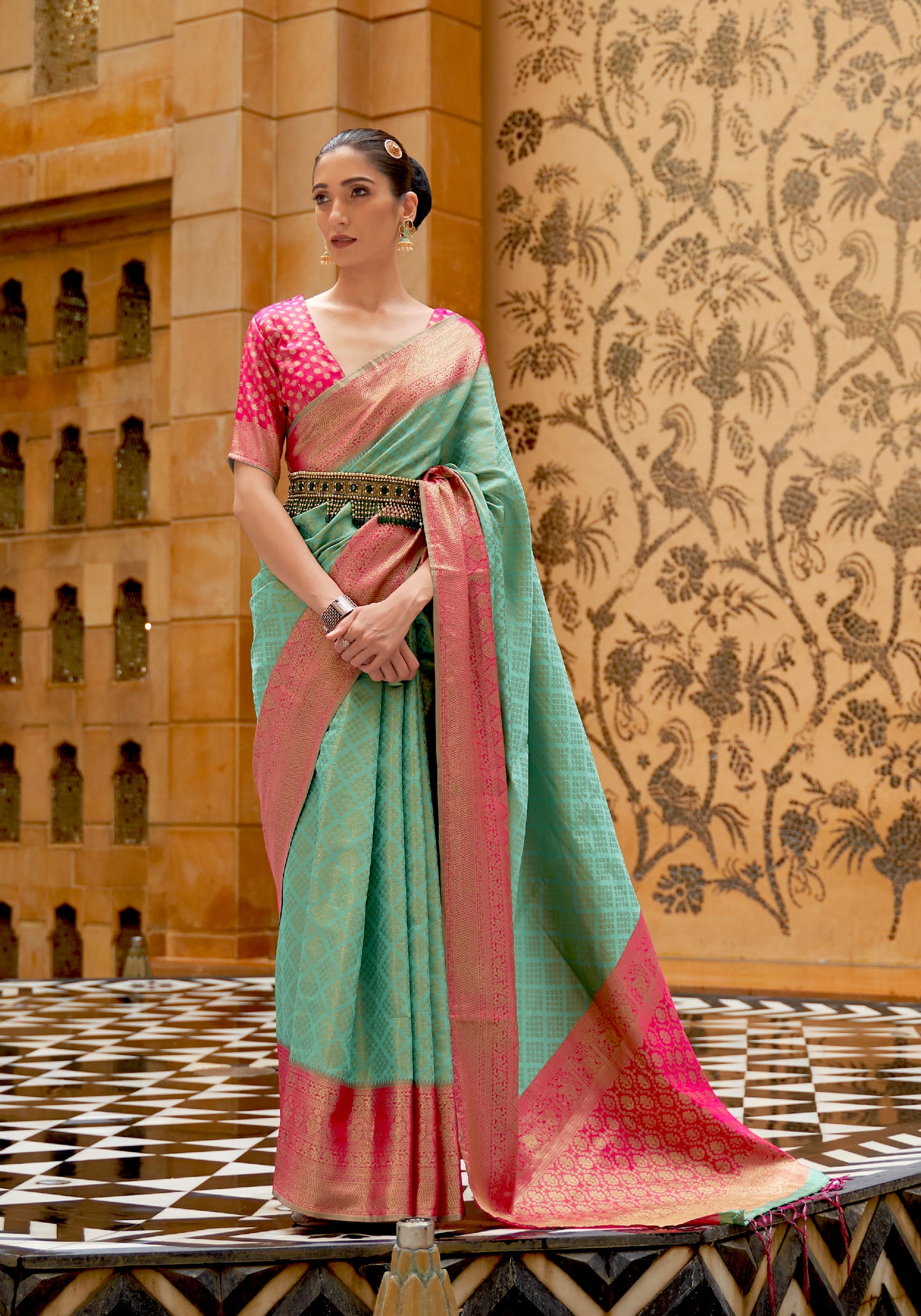 Sea Green with Pink  Soft Kanjivaram Silk Saree with Blouse