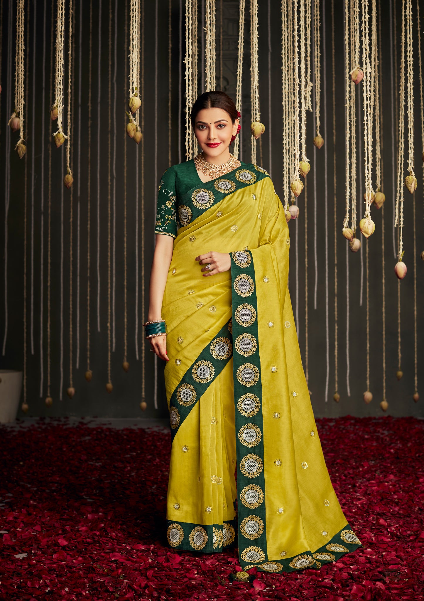 Pineapple Yellow Satin Silk Designer Saree with Green Blouse