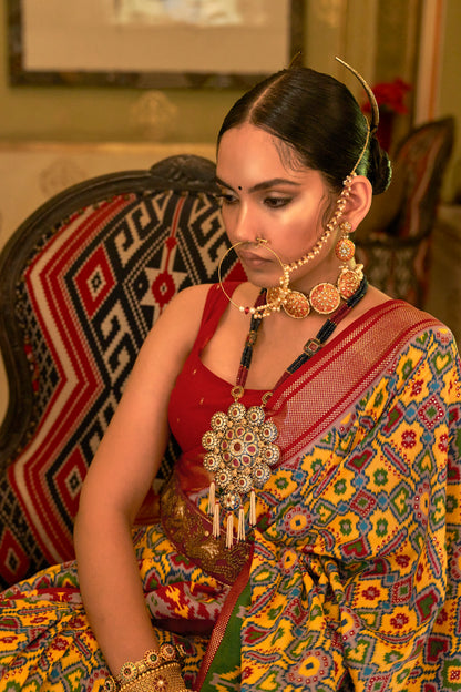 Grey with Yellow Ikat Design Patola Saree with Patola Border and Blouse