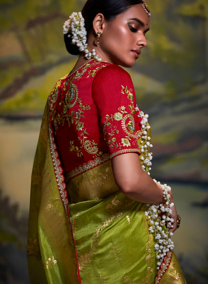 Green Woven Banarasi Designer Saree with Red Blouse