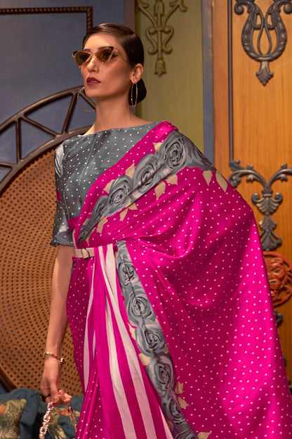 Pink Polka Dot Designer 3d Printed Soft Satin Silk Saree with Blouse