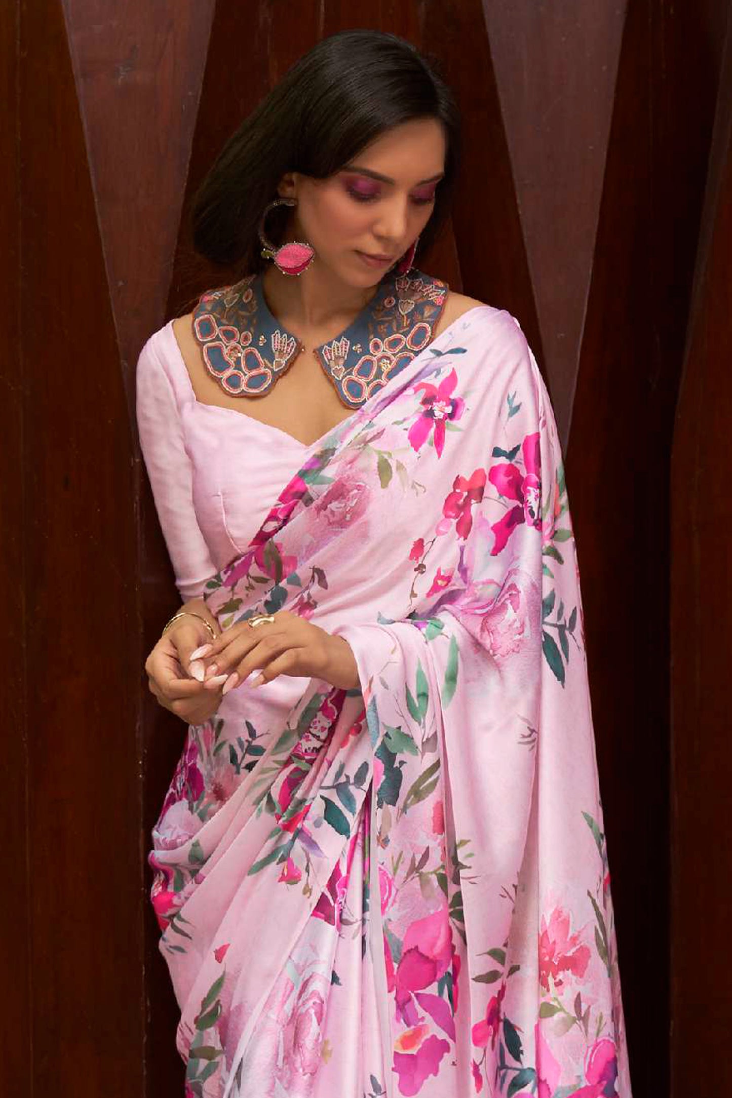 Baby Pink Floral 3D Printed Pure Satin Silk Saree for Weddings
