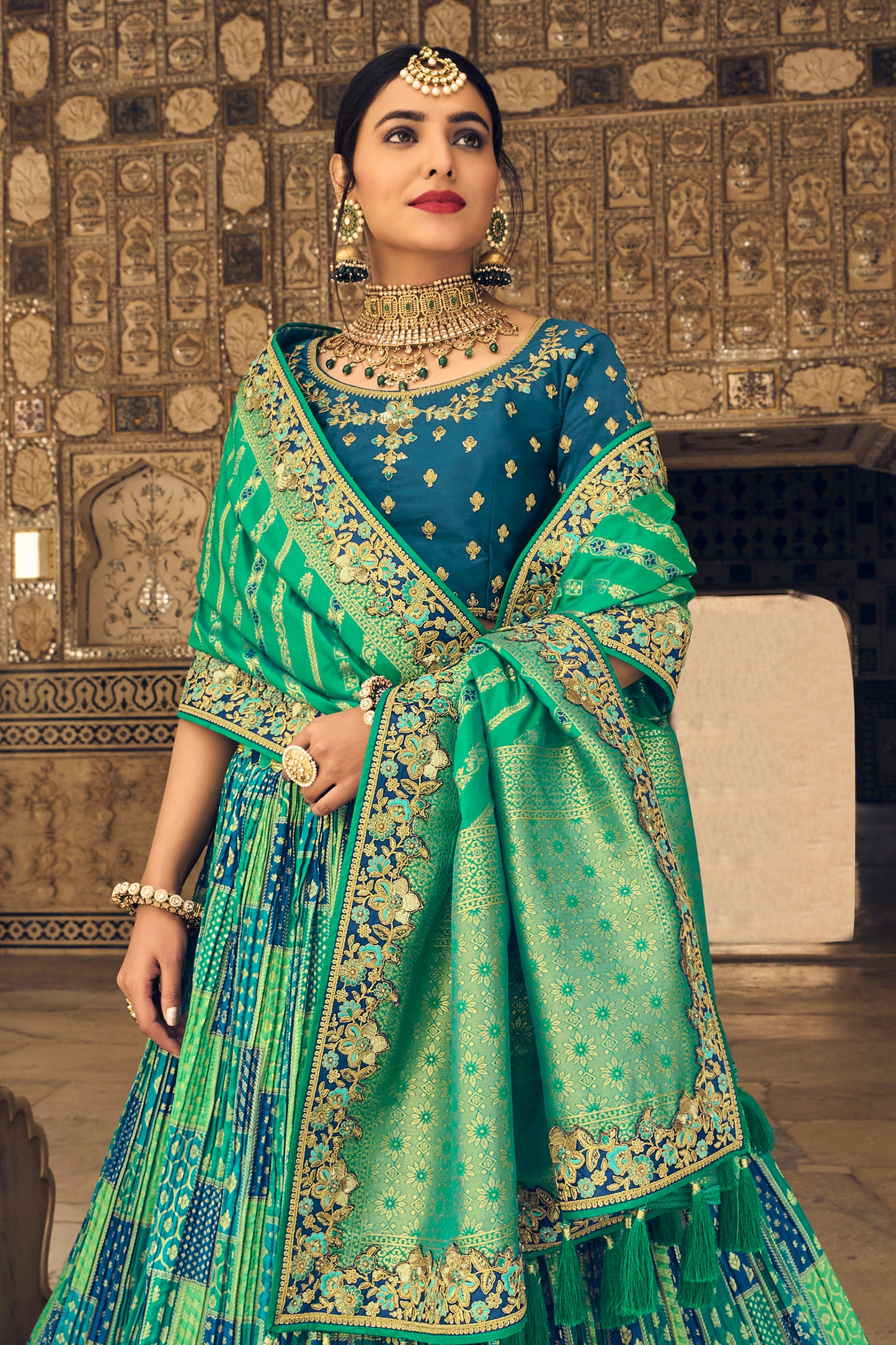 Pretty Green Crushed Silk Lahenga Skirt with Embellished Blouse & Dupatta.