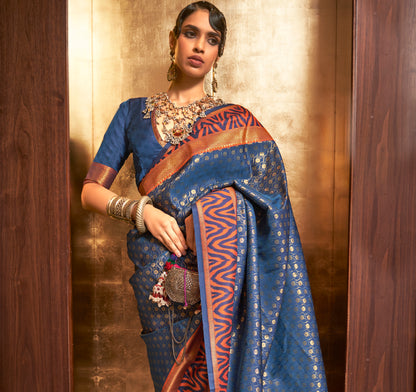 Egyptian Blue Banarasi Silk Saree with Designer Blouse for Women