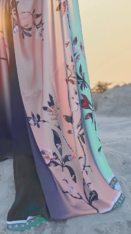 Peach Blue Ombre Digital Printed Satin Silk Saree