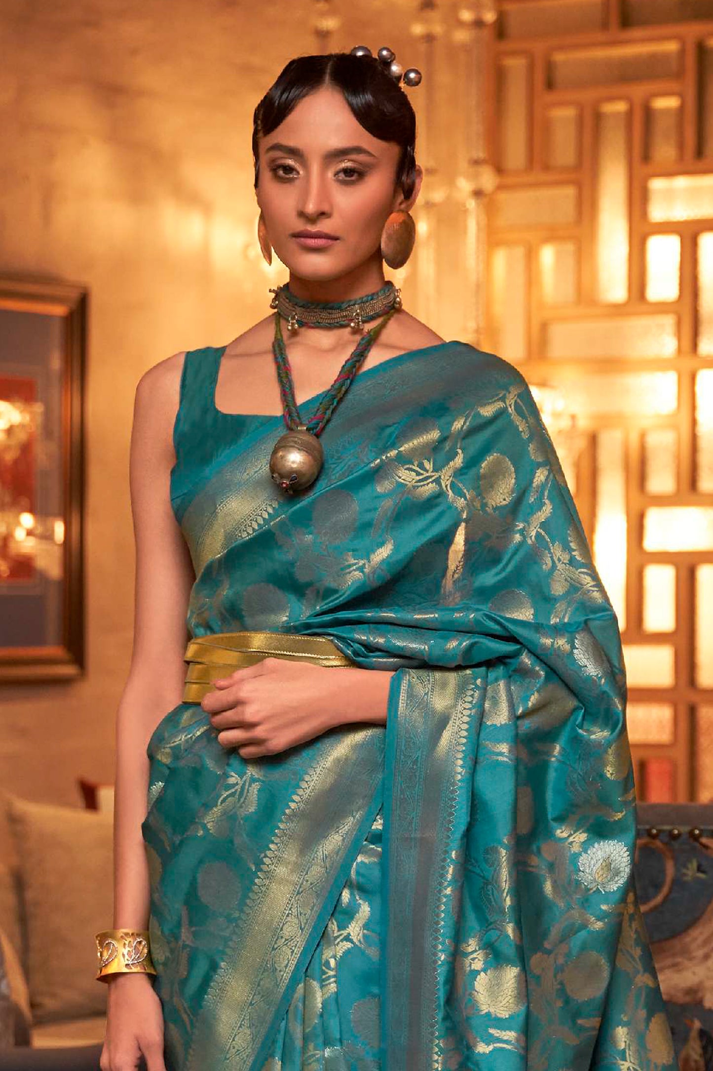 Cerulean Blue Woven Banarasi Jungla Jaal Soft Silk Saree