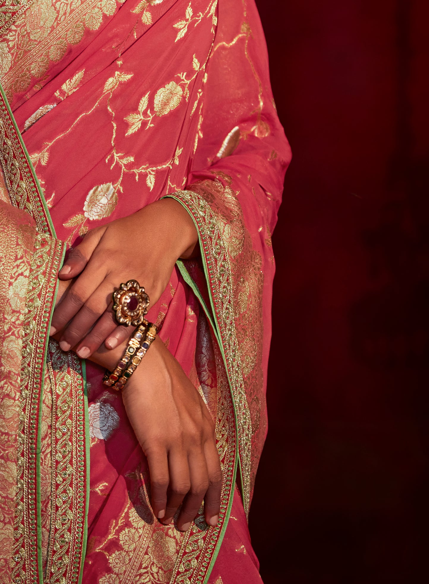 Coral Pink Banarasi Junglaa Jaal Silk Saree with Florescent Blouse