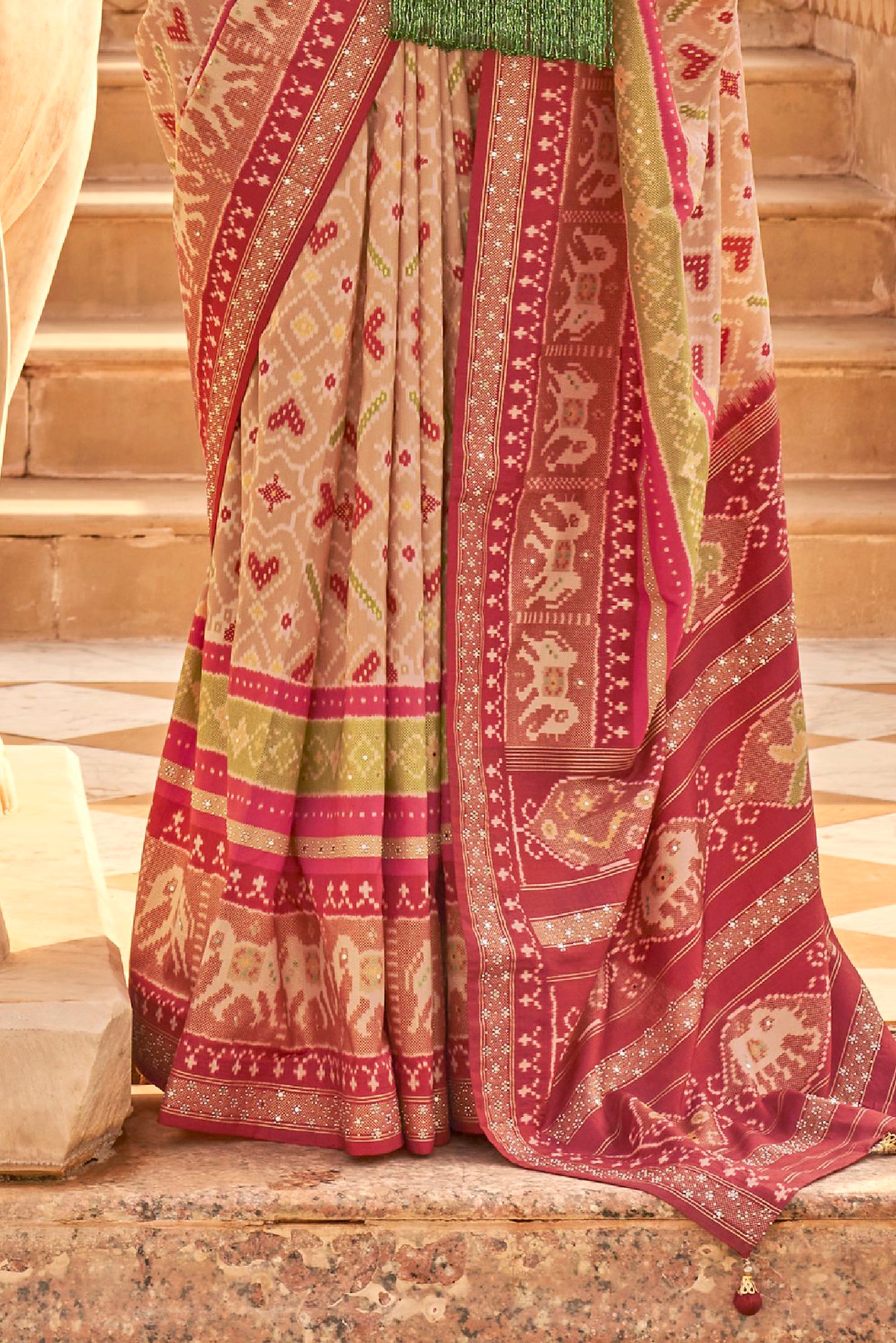 Light Beige Woven Patola Designer Saree with Elephant Border