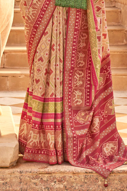 Light Beige Woven Patola Designer Saree with Elephant Border