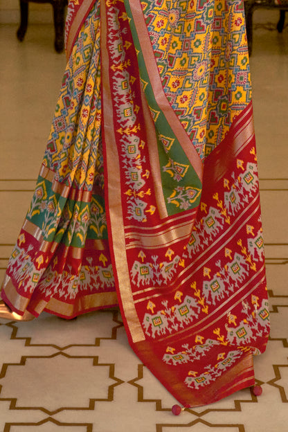 Grey with Yellow Ikat Design Patola Saree with Patola Border and Blouse