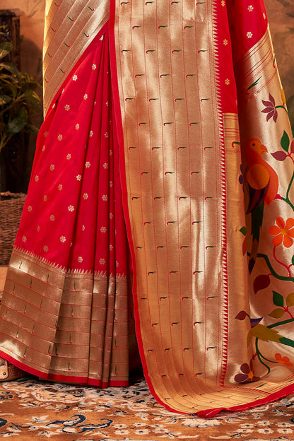 Cherry Red Banarasi Paithani Saree with Parrot Pallu and Broad Zari Border