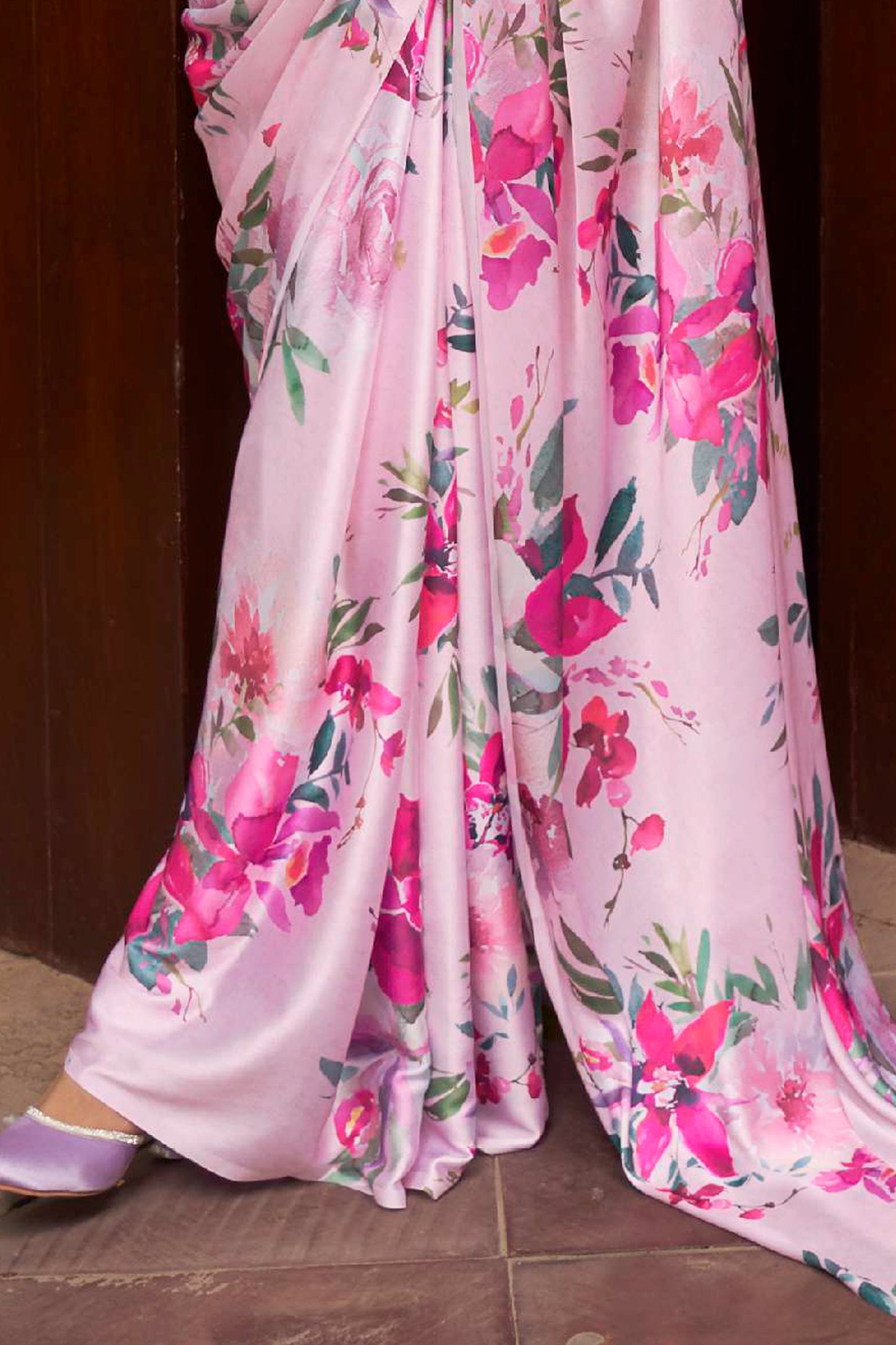 Baby Pink Floral 3D Printed Pure Satin Silk Saree for Weddings