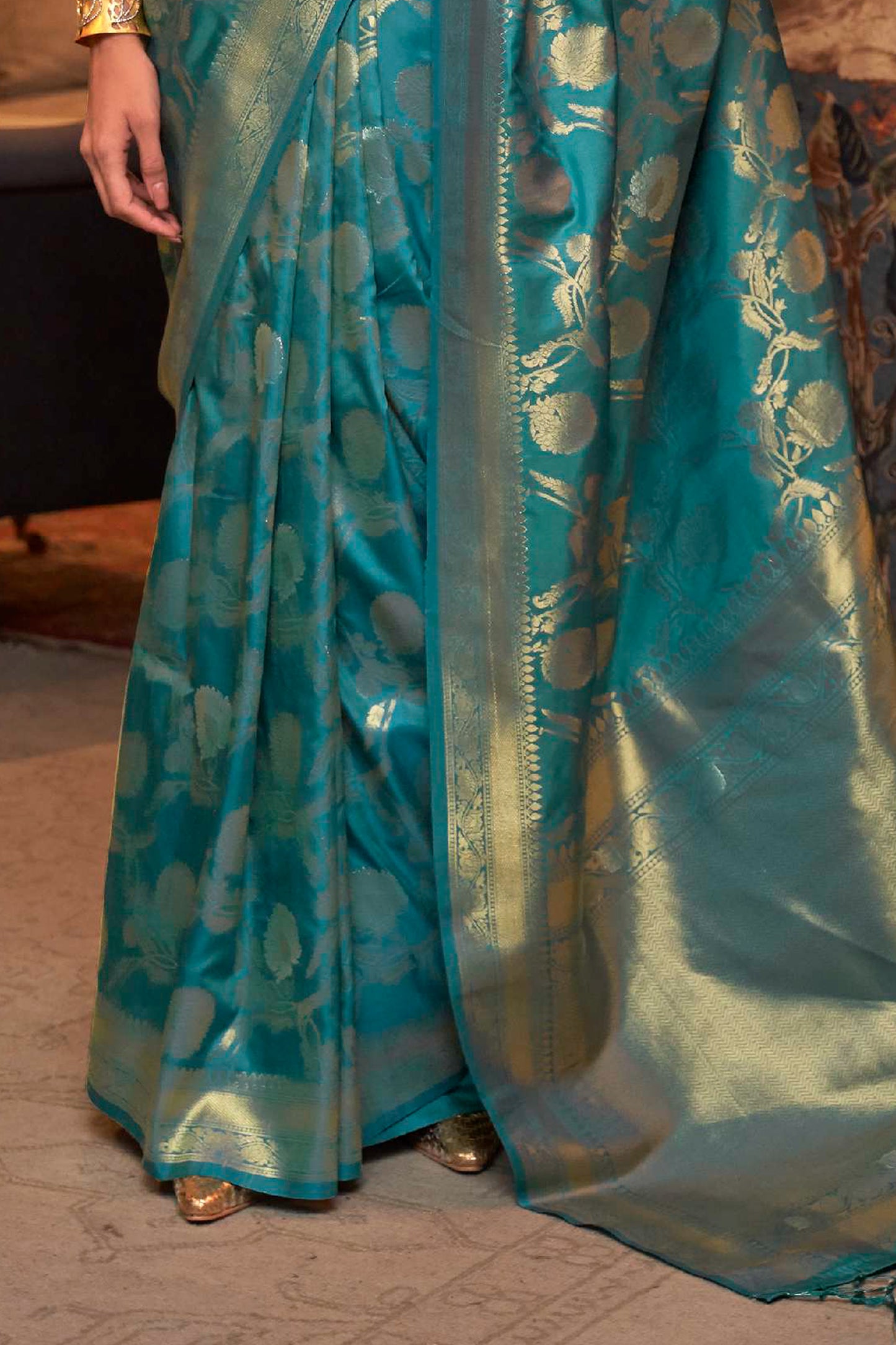 Cerulean Blue Woven Banarasi Jungla Jaal Soft Silk Saree