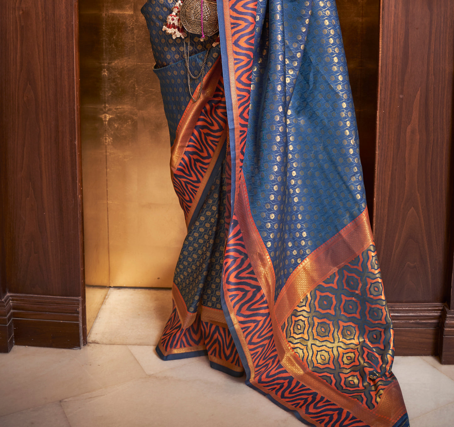 Egyptian Blue Banarasi Silk Saree with Designer Blouse for Women