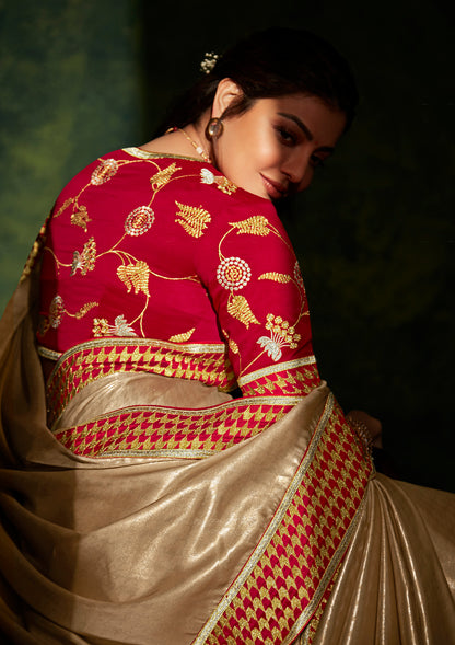 Sepia Brown Soft Metallic Organza Saree with Red Embroidered Blouse