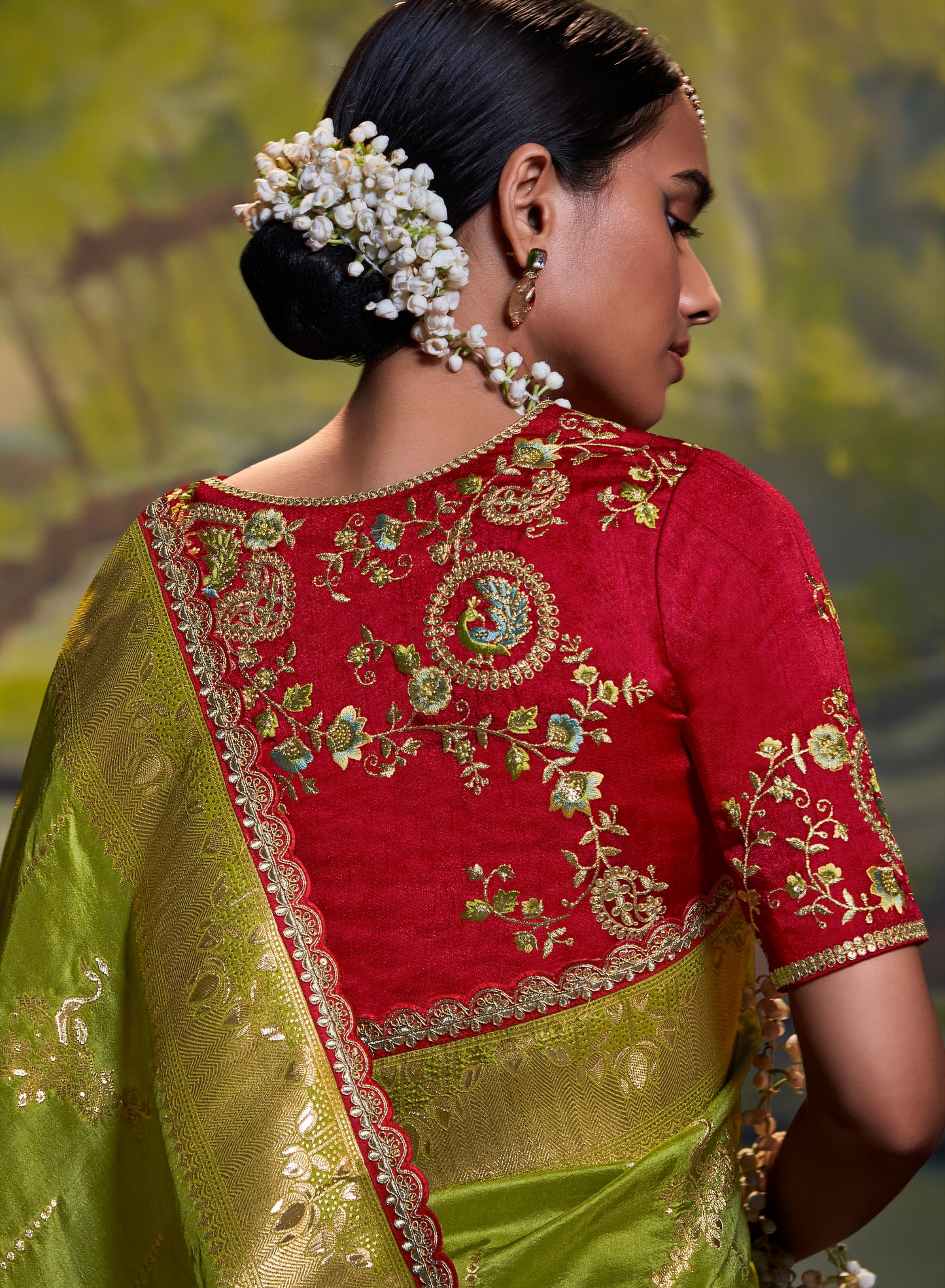 Green Woven Banarasi Designer Saree with Red Blouse