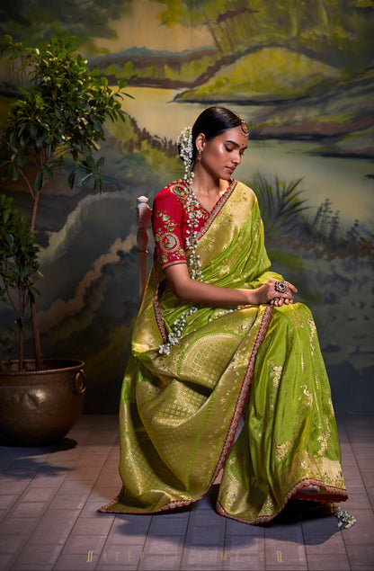 Green Woven Banarasi Designer Saree with Red Blouse