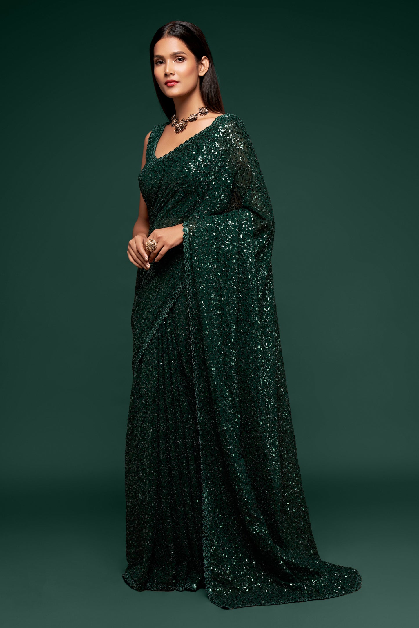 Bottle Green Sequin emblished Designer Sparkling Georgette Saree Bloue for Every Occassions