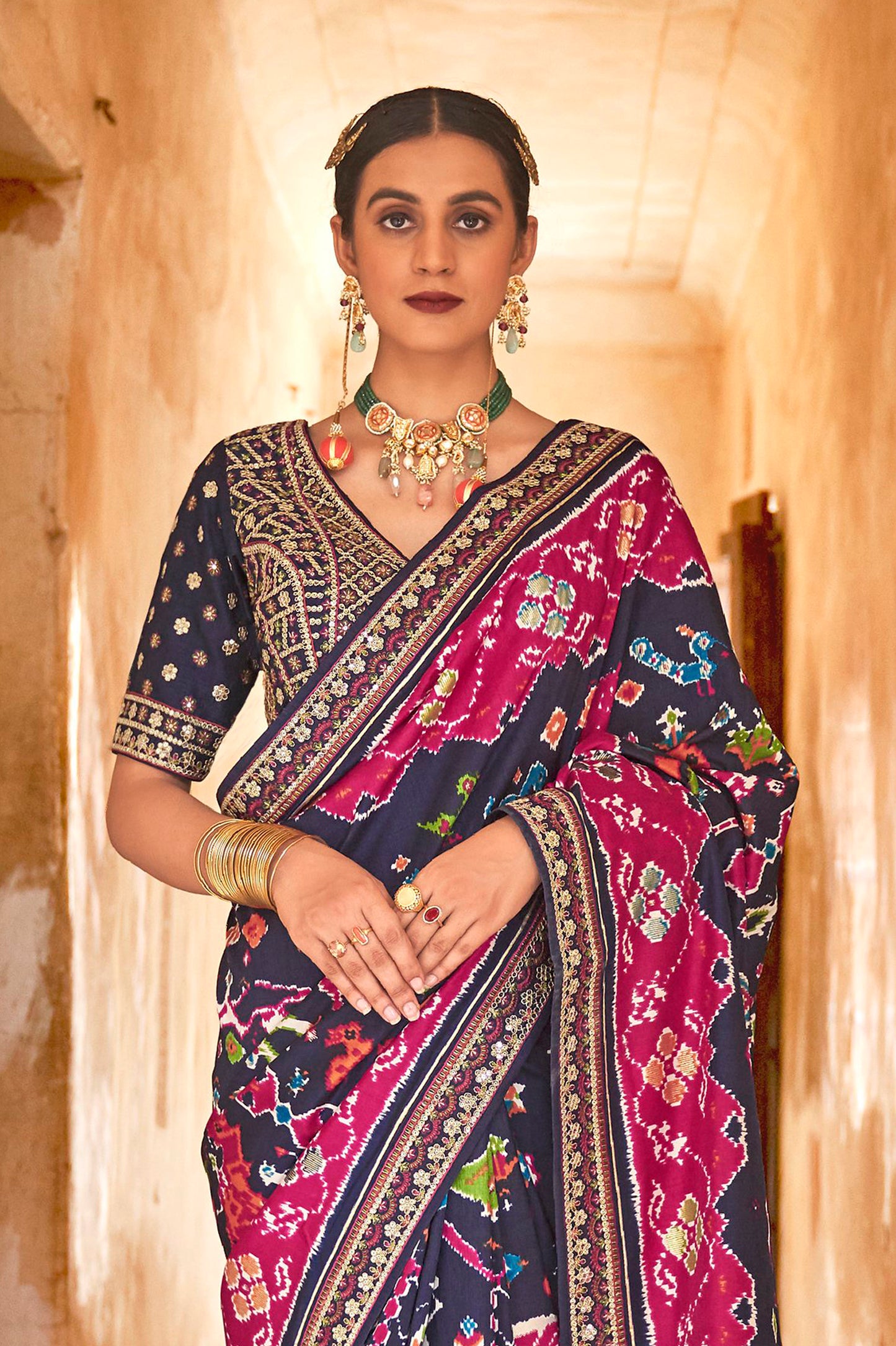 Premium Designer Deep Dark Patola Silk Saree Blouse with Sequins all over