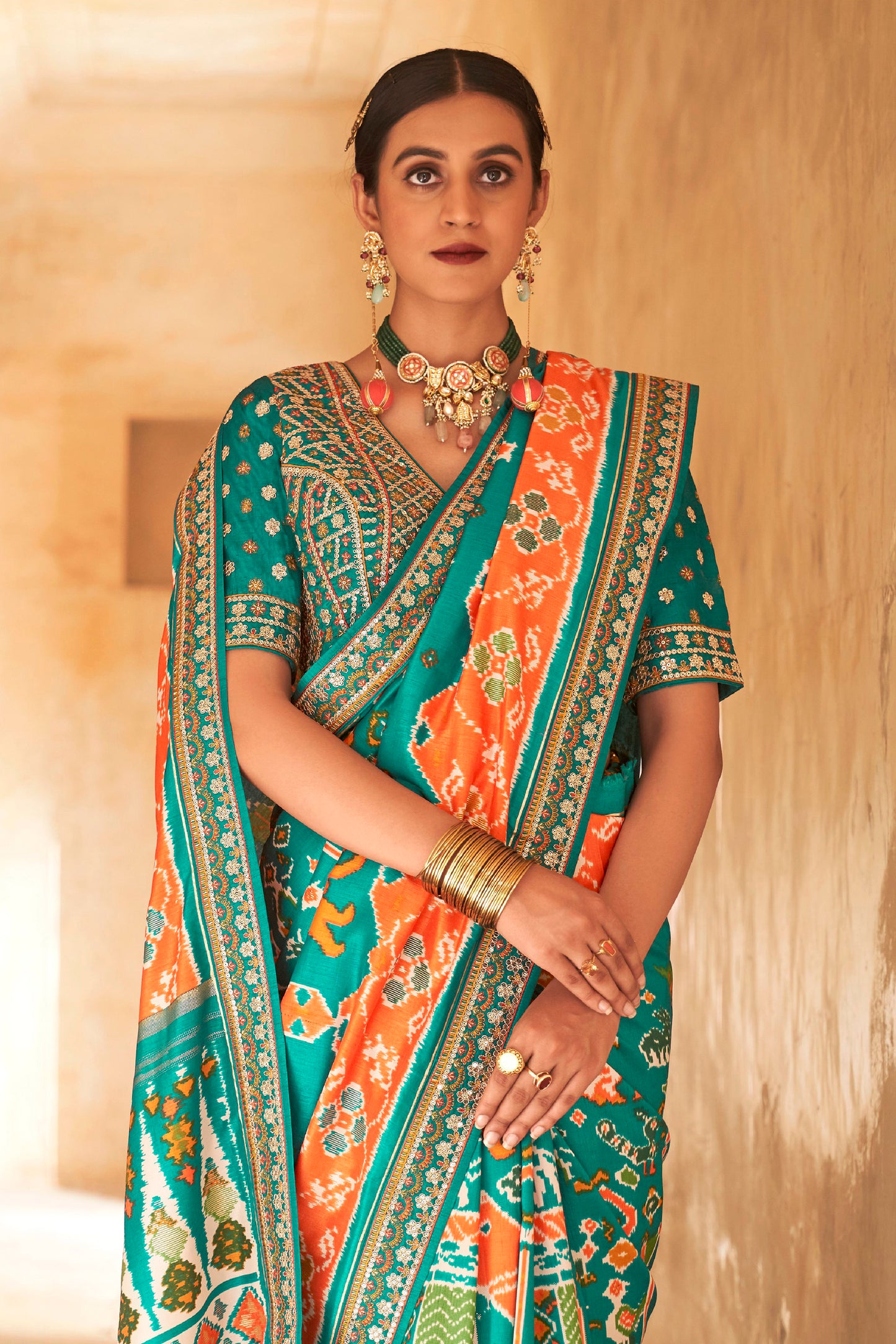 Mint Green Premium Designer Patola Silk Saree Blouse with Sequins all over