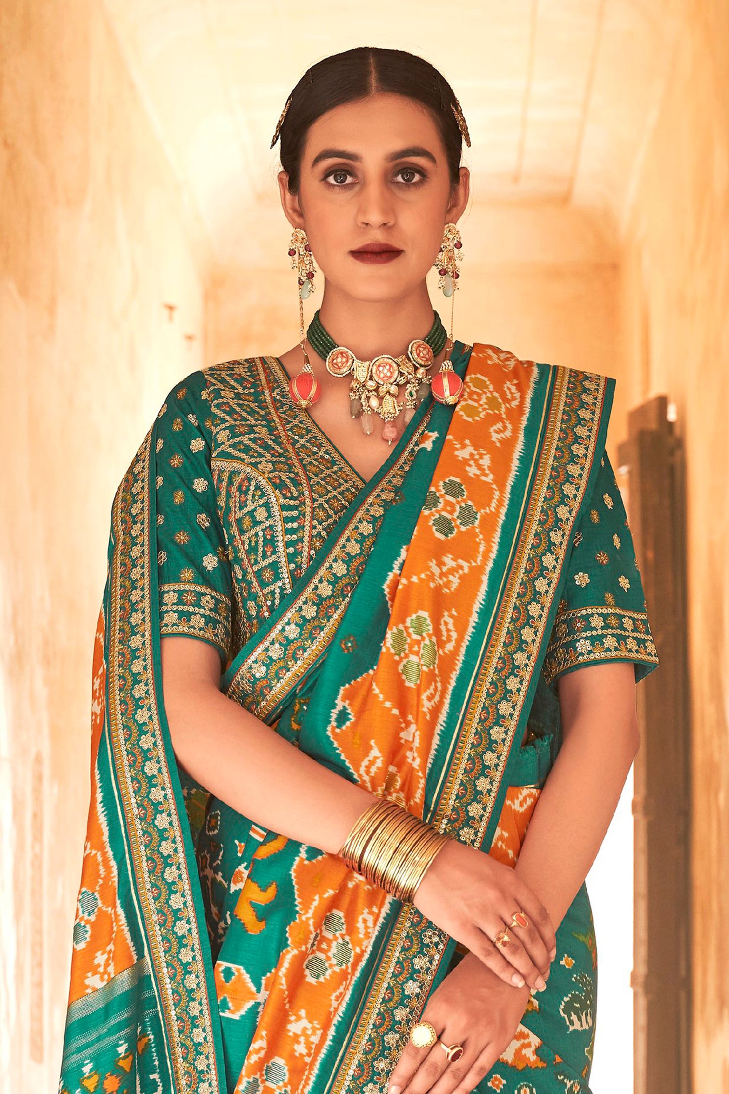 Mint Green Premium Designer Patola Silk Saree Blouse with Sequins all over