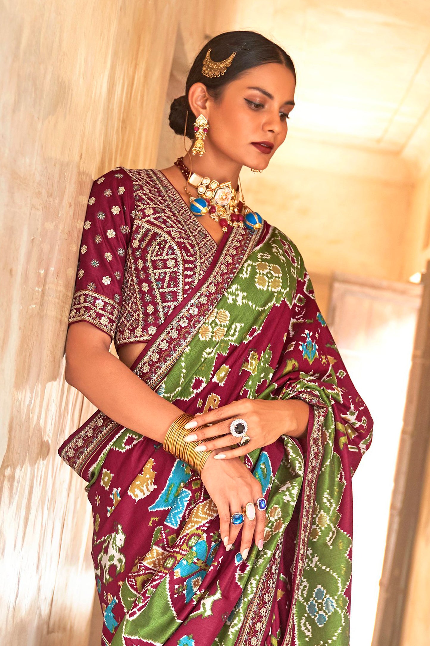 Pear and Maroon Premium Designer Patola Silk Saree Blouse with Sequins all over