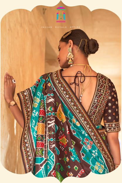 Caramel and Teal Premium Designer Patola Silk Saree Blouse with Sequins all over