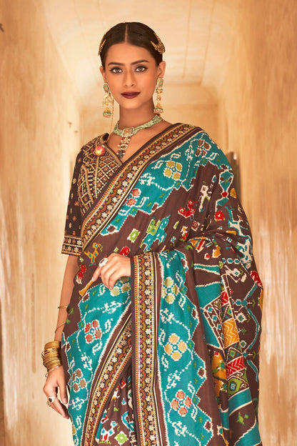 Caramel and Teal Premium Designer Patola Silk Saree Blouse with Sequins all over