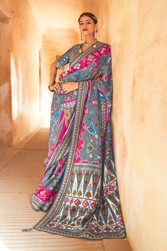 Fuscia and Cloud Silver Premium Designer Patola Silk Saree Blouse with Sequins all over