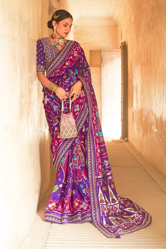 Violet and Magenta Premium Designer Patola Silk Saree Blouse with Sequins all over