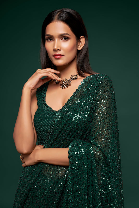 Bottle Green Sequin emblished Designer Sparkling Georgette Saree Bloue for Every Occassions