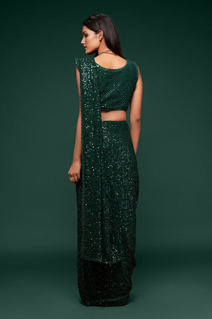 Bottle Green Sequin emblished Designer Sparkling Georgette Saree Bloue for Every Occassions