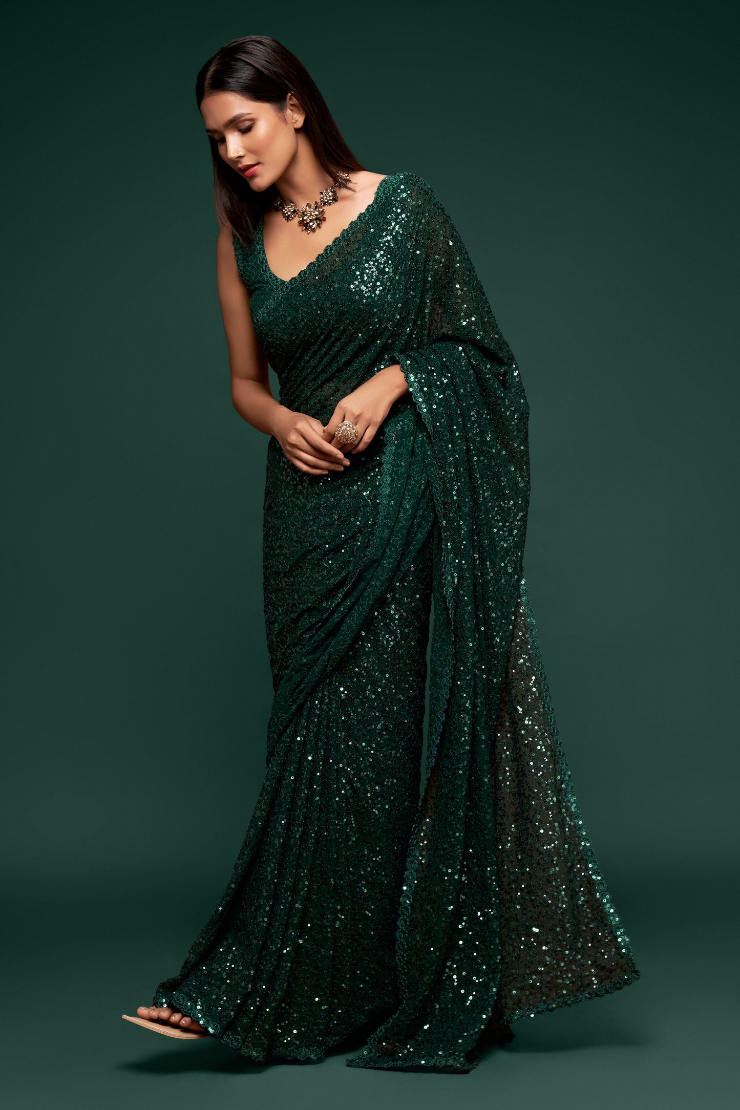 Bottle Green Sequin emblished Designer Sparkling Georgette Saree Bloue for Every Occassions