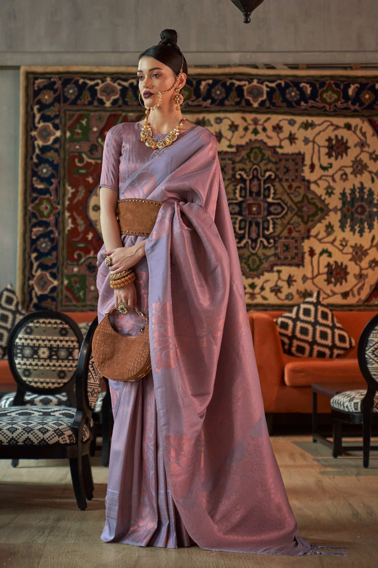 Light Mauve Copper Zari Woven Soft Silk Saree