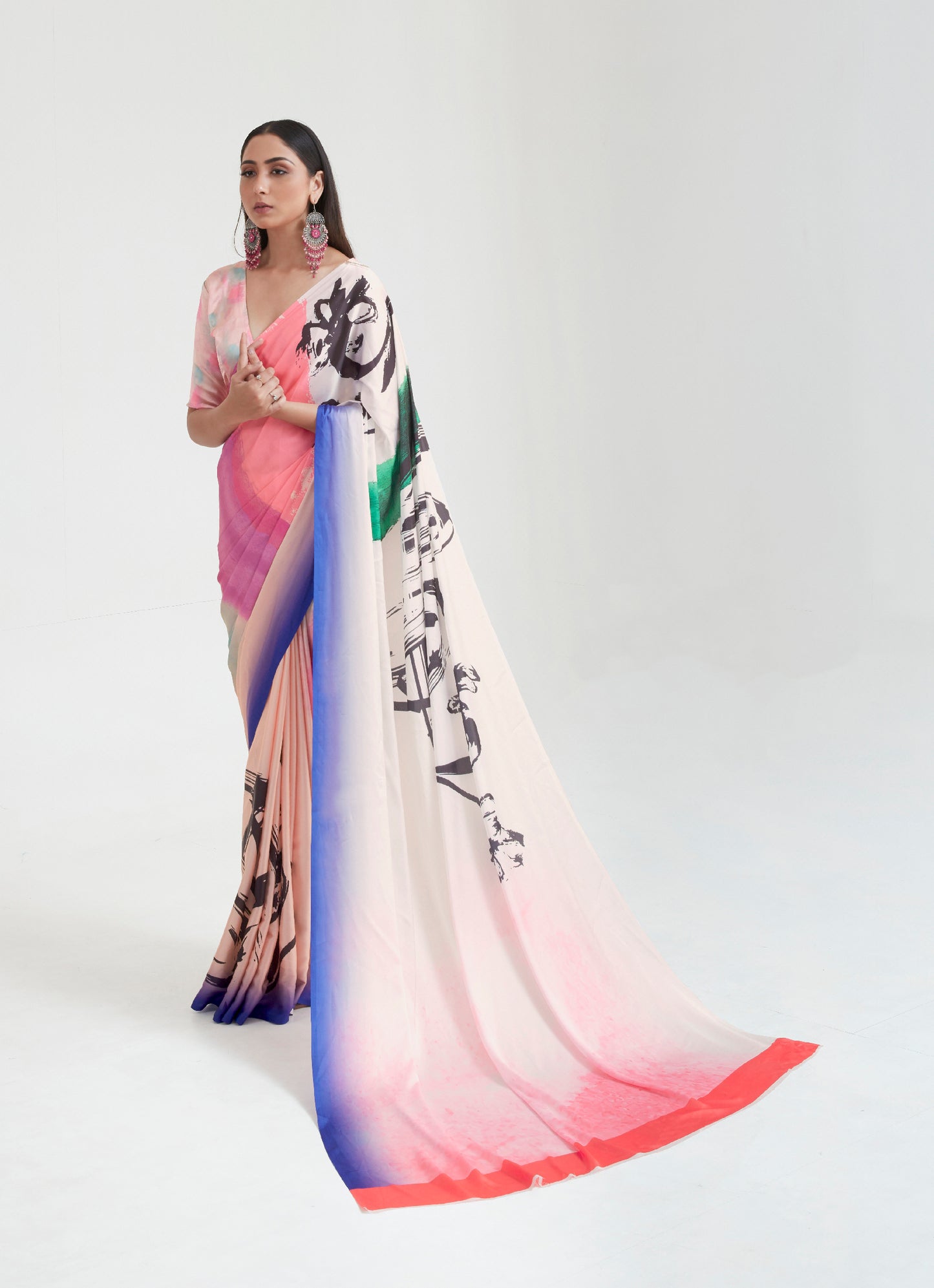 White Pink Abstract 3D Printed Pure Satin Silk Saree for Weddings