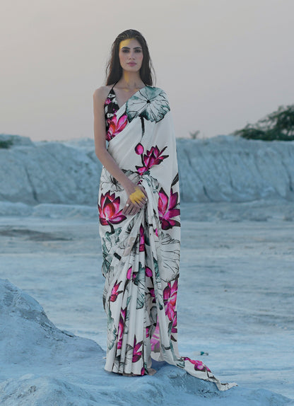 Pearl White Floral Printed Designer Satin Silk Saree
