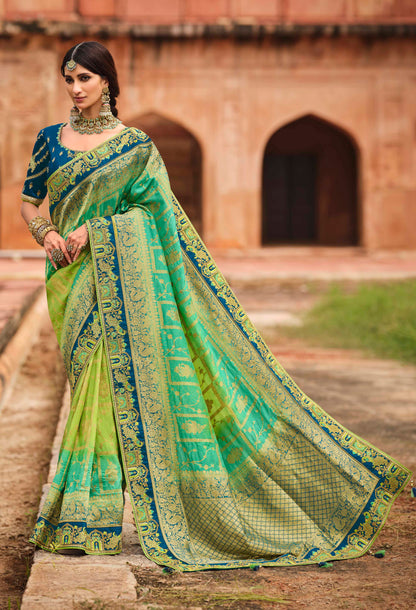 Peacock Green Heavy Bridal Embroidered Saree with Designer Embroiderd Blouse for Wedding Reception