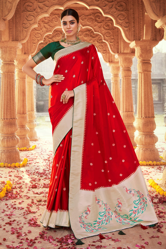 Scarlet Red Designer Paithani Saree with Unique Pallu